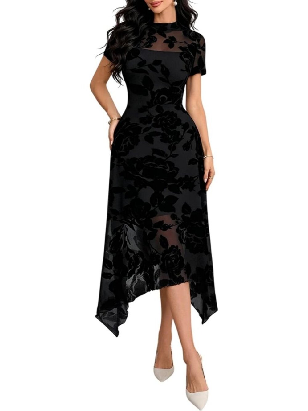 Women's Black Floral Sleeve Floral Mesh Elegant Vintage Irregular Midi Dress